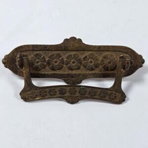 Antique Door Handle 4.2” Drawer Pull Solid Brass Floral Art Vintage Patina